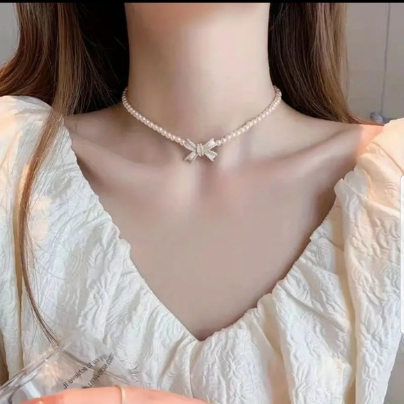 Source Unknown Jewelry - Coquette Style Faux Pearl Bowknot Necklace Choker Y2K